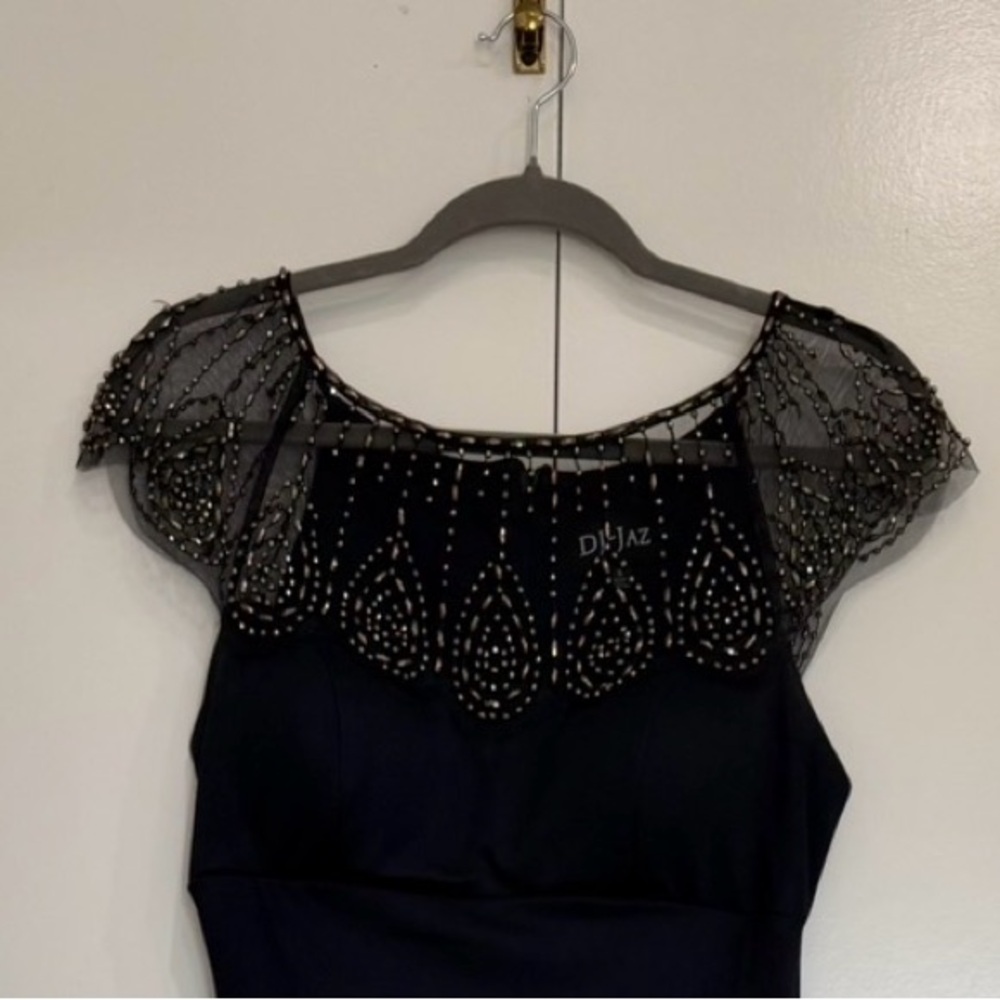 Elegant Navy Blue Beaded Illusion-Yoke Evening Dress